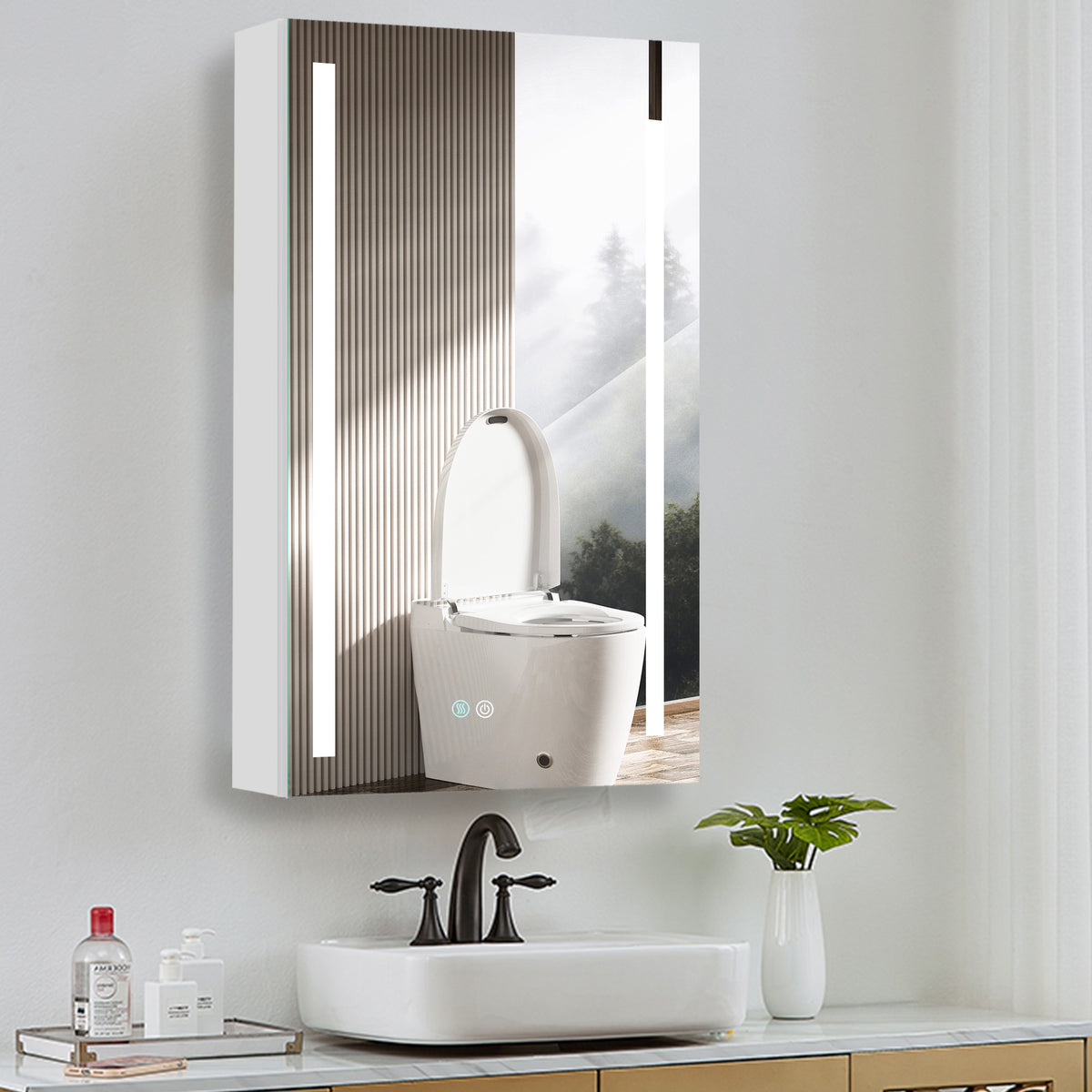 30X20 Inch Led Bathroom Medicine Cabinet Surface Mounted Cabinets With Lighted Mirror White Right Open White Modern Aluminium