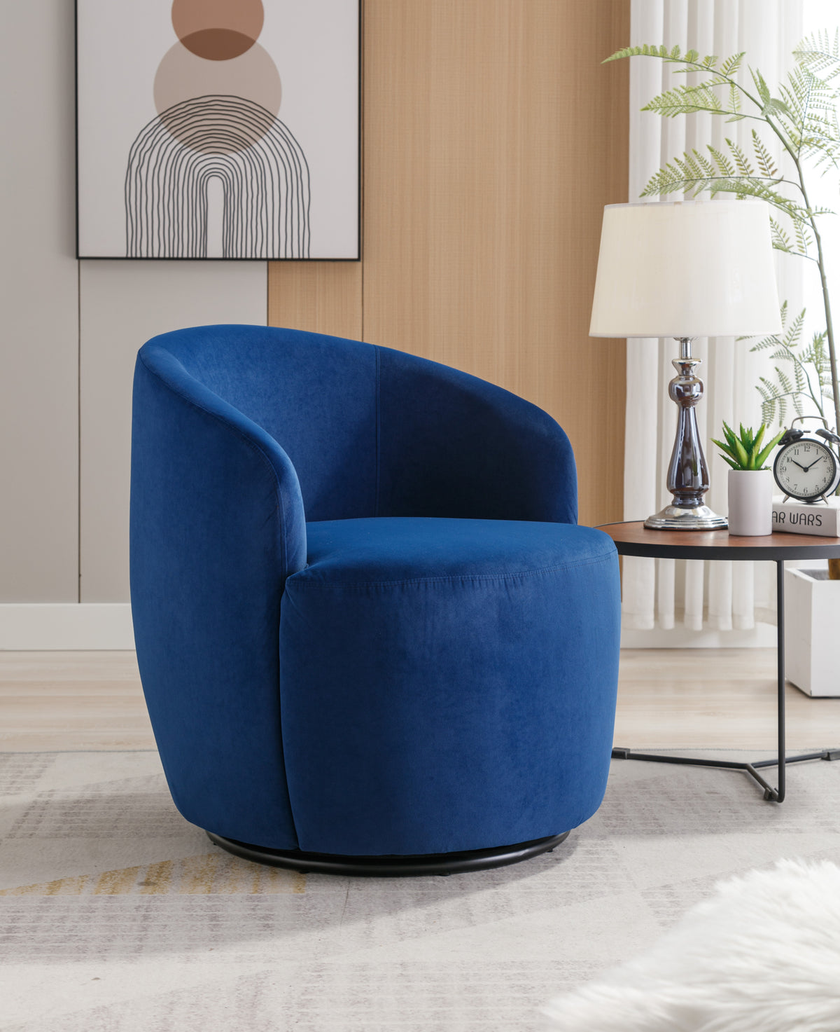 Velvet Fabric Swivel Accent Armchair Barrel Chair With Black Powder Coating Metal Ring,Blue Blue Foam Velvet