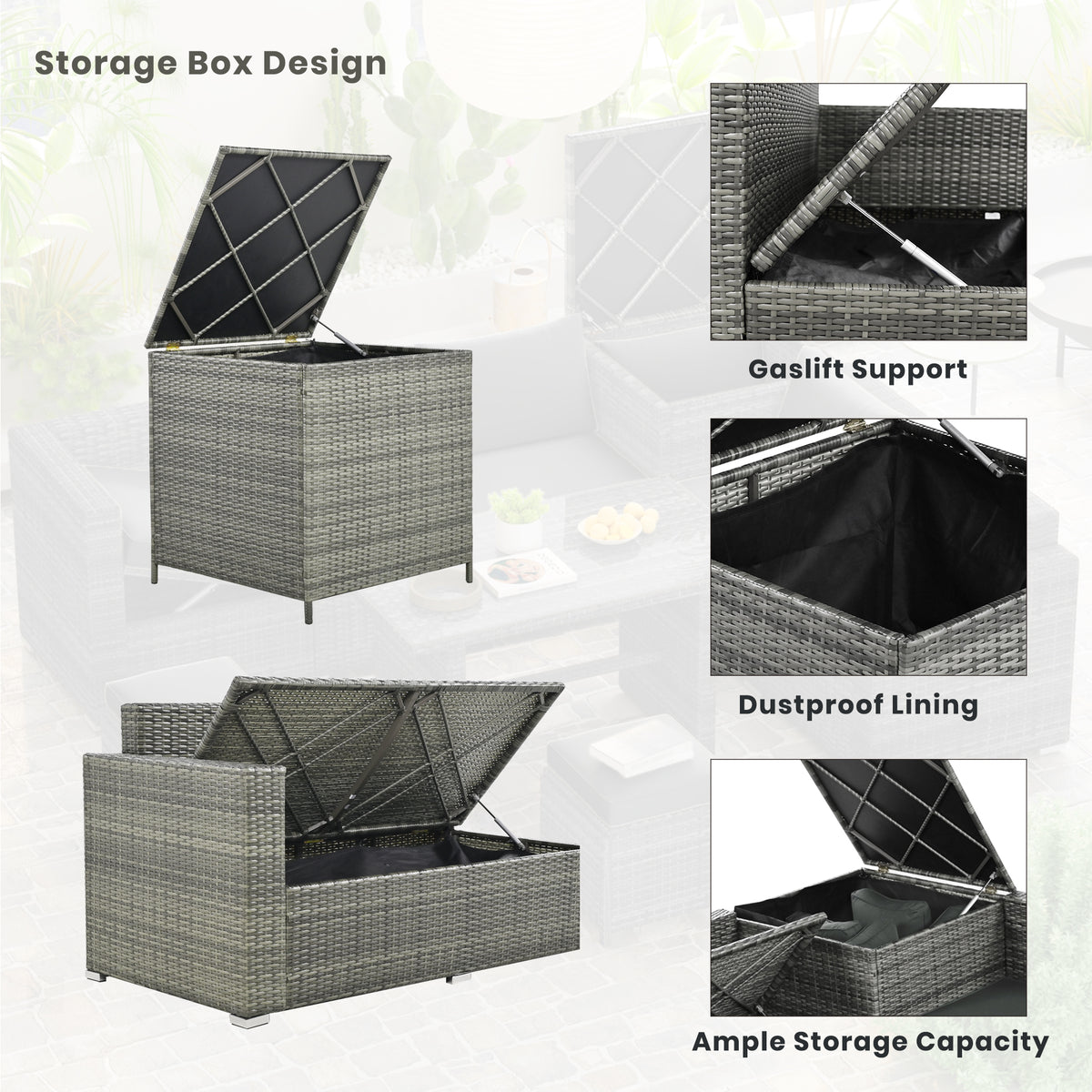 Outdoor 6 Piece All Weather Pe Rattan Sofa Set, Garden Patio Wicker Sectional Furniture Set With Adjustable Seat, Storage Box, Removable Covers And Tempered Glass Top Table,Grey Yes Complete Patio