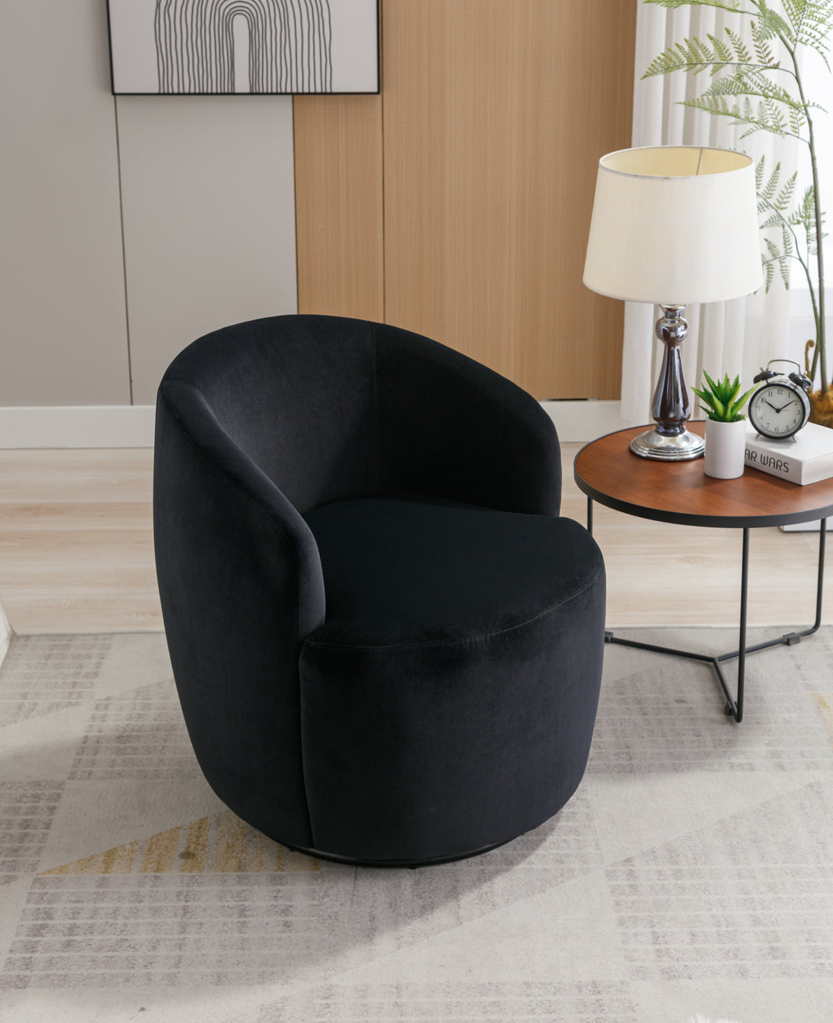 Velvet Fabric Swivel Accent Armchair Barrel Chair With Black Powder Coating Metal Ring,Black Black Foam Velvet