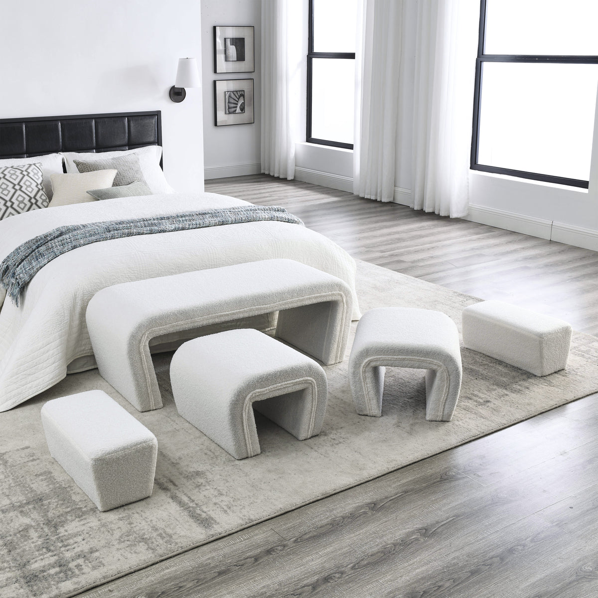 Video Welike 46" W Modern Contemporary Upholstered Nesting Bench, Including Four Nesting Benches, Teddy White Teddy Polyester Fabric