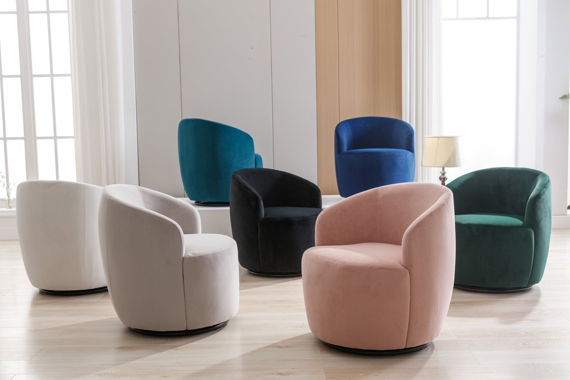 Velvet Fabric Swivel Accent Armchair Barrel Chair With Black Powder Coating Metal Ring,White White Foam Velvet