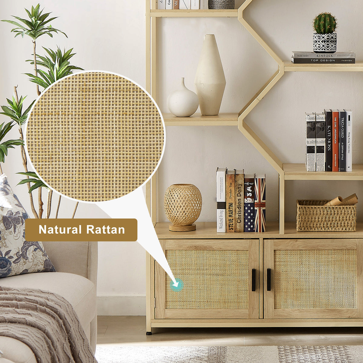 Rattan Bookshelf 7 Tiers Bookcases Storage Rack With Cabinet For Living Room Home Office, Natural, 39.4'' W X 13.8'' D X 75.6'' H. Natural Particle Board