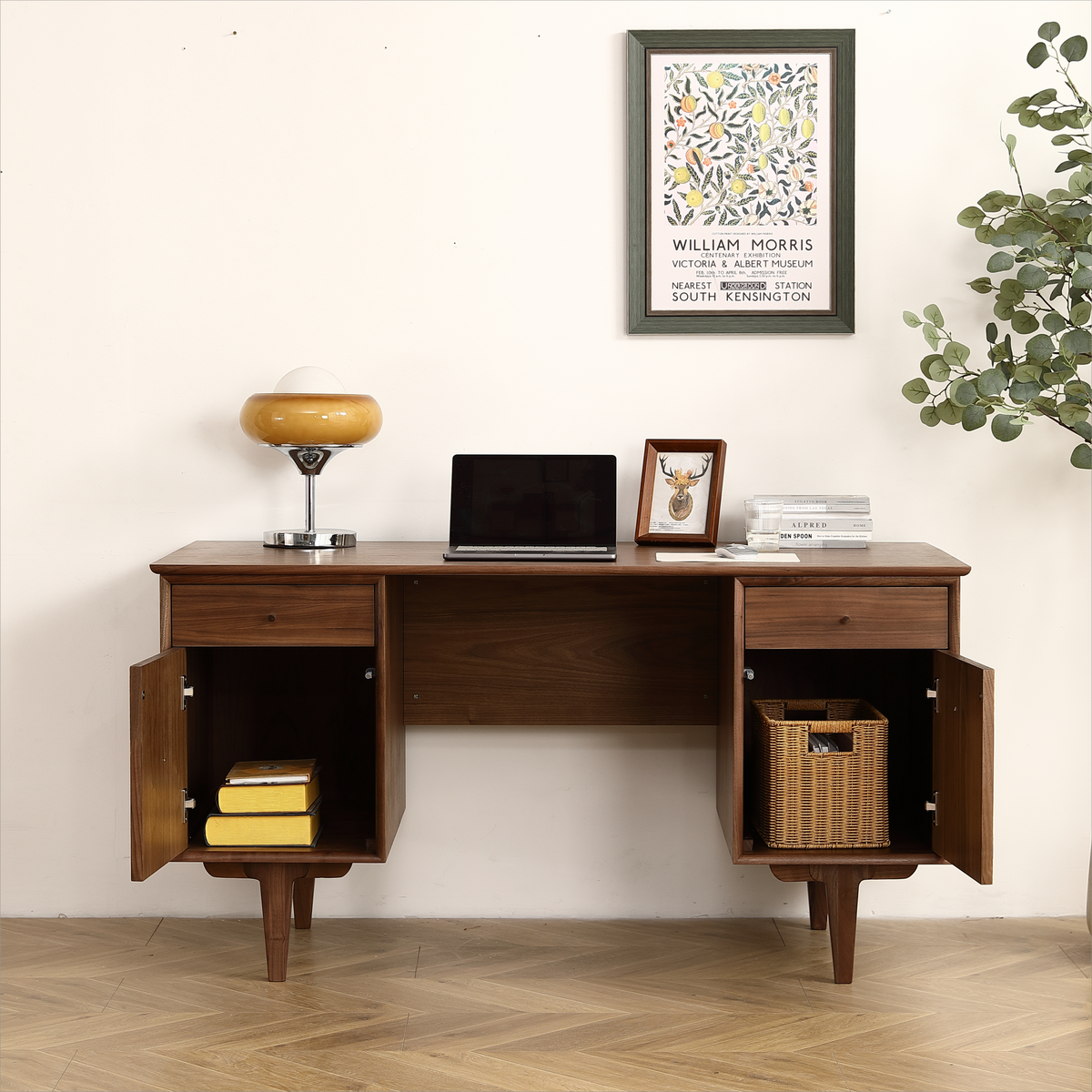 Black Walnut Desk With Natural Rattan Net Large Home Office Workstation With Storage 57.09 Inch Oak Solid Wood Mdf