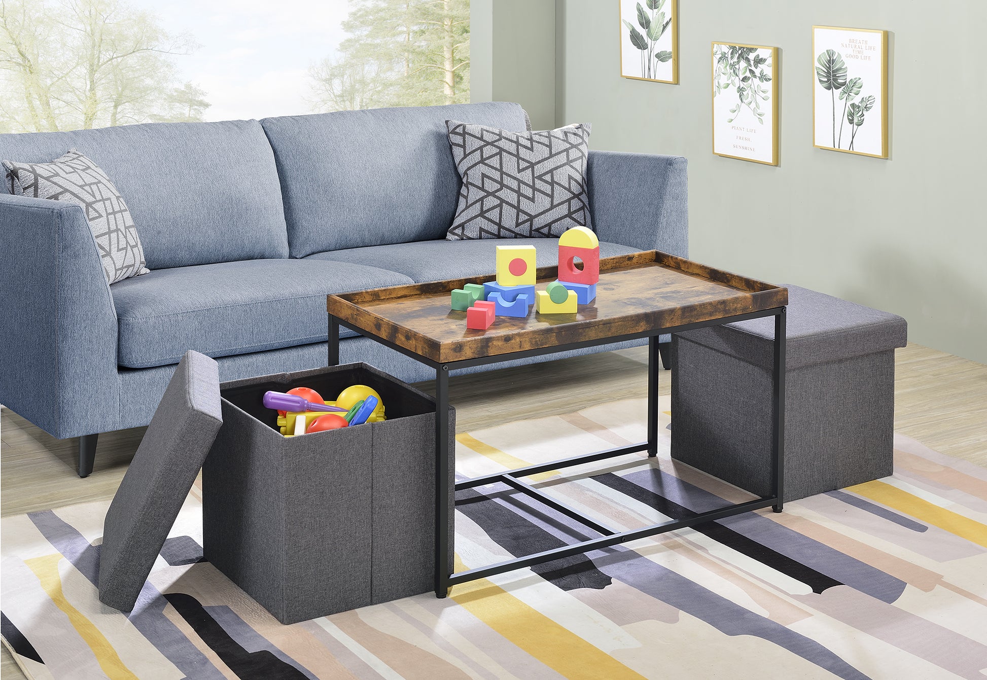 Monty 35" Weathered Oak Wood Grain 3 Piece Coffee Table Set With Raised Edges Brown Oak Mdf