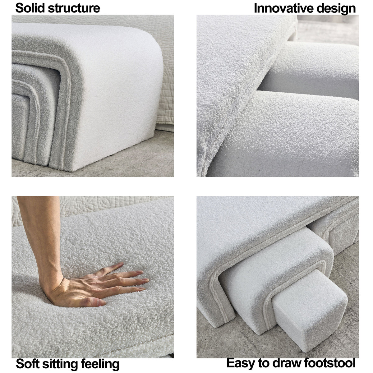 Video Welike 46" W Modern Contemporary Upholstered Nesting Bench, Including Four Nesting Benches, Teddy White Teddy Polyester Fabric