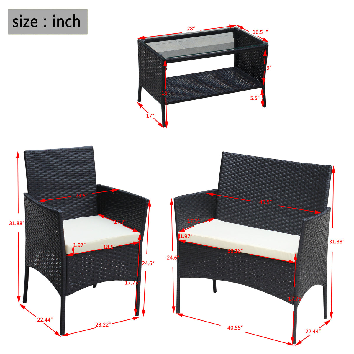 4 Pc Rattan Patio Furniture Set Outdoor Patio Cushioned Seat Wicker Sofa Beige Cushion Black Iron