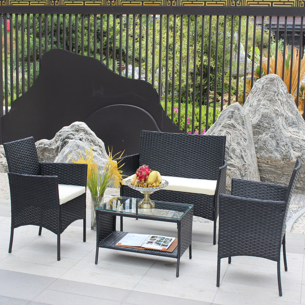 4 Pc Rattan Patio Furniture Set Outdoor Patio Cushioned Seat Wicker Sofa Beige Cushion Black Iron
