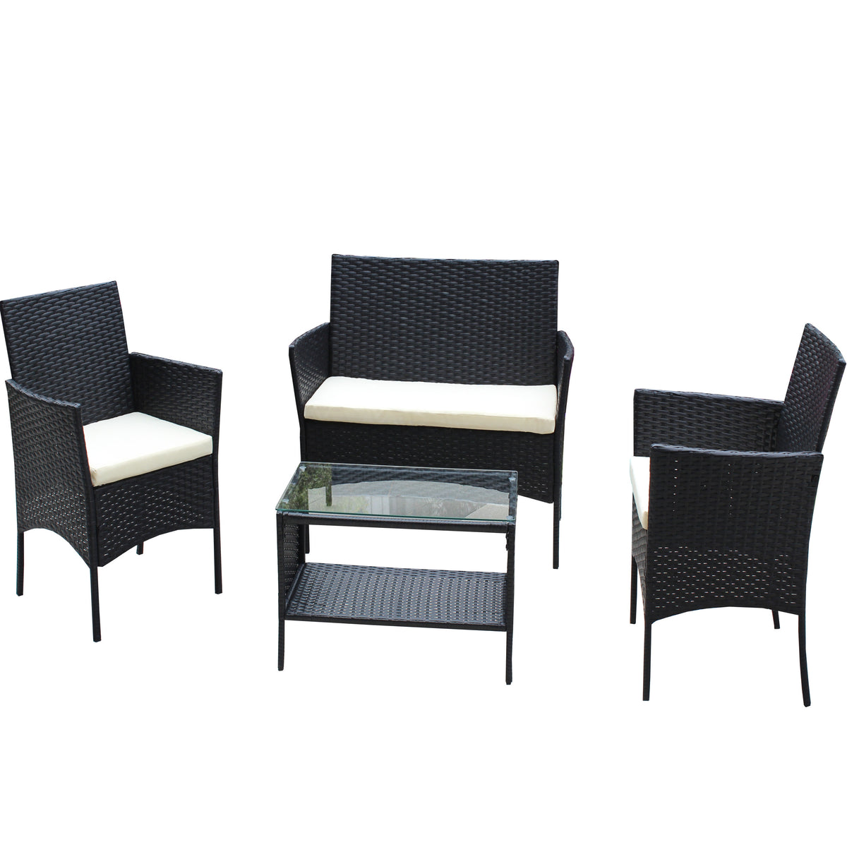 4 Pc Rattan Patio Furniture Set Outdoor Patio Cushioned Seat Wicker Sofa Beige Cushion Black Iron