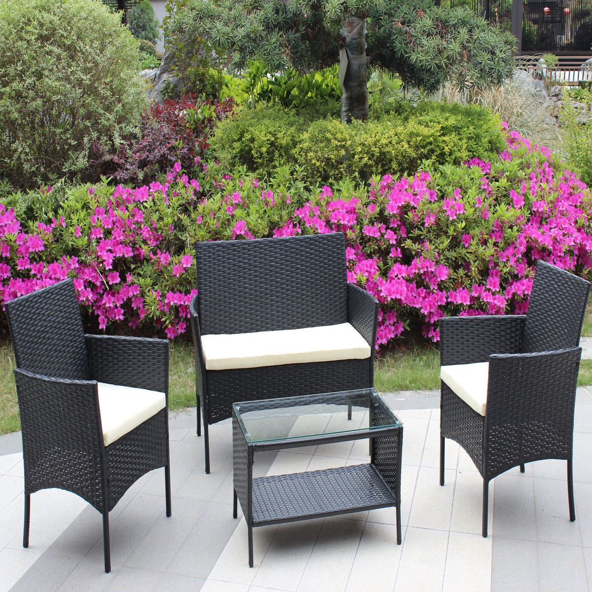 4 Pc Rattan Patio Furniture Set Outdoor Patio Cushioned Seat Wicker Sofa Beige Cushion Black Iron