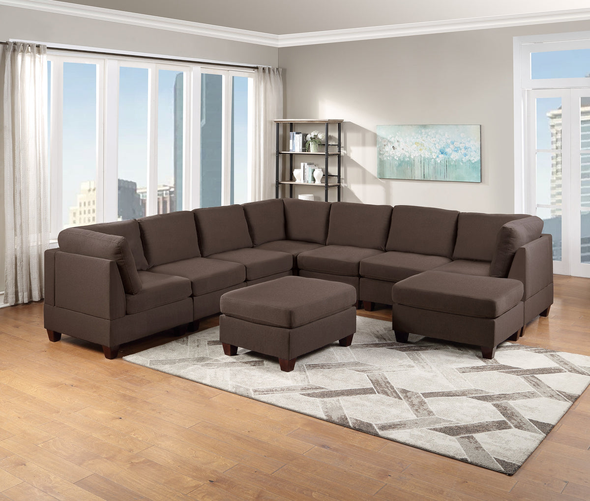 Modular Sectional 9Pc Set Living Room Furniture Corner Sectional Couch Black Coffee Linen Like Fabric 3X Corner Wedge 4X Armless Chairs And 2X Ottomans Coffee Wood Primary Living Space Cushion Back