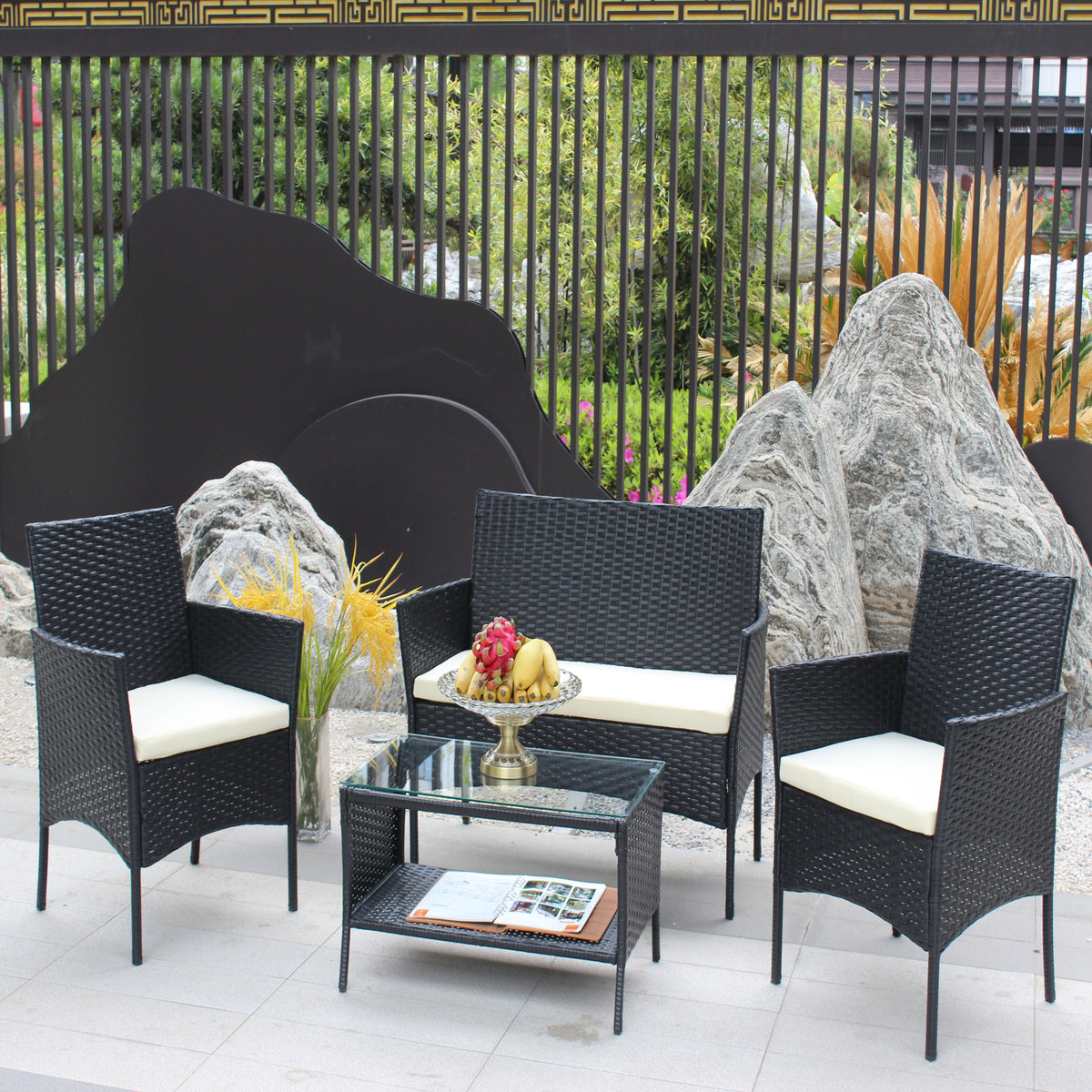 4 Pc Rattan Patio Furniture Set Outdoor Patio Cushioned Seat Wicker Sofa Beige Cushion Black Iron