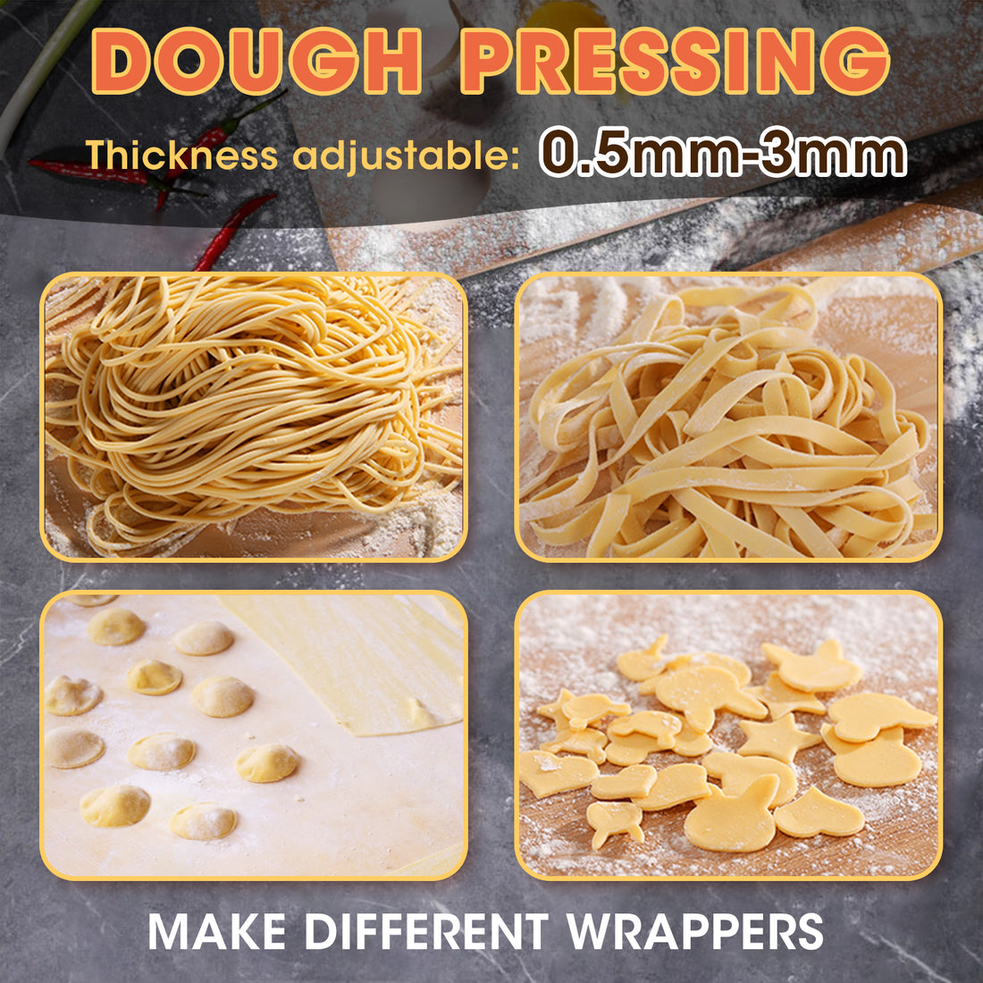 Electric Pasta Maker Noodle Maker Pasta Making Machine Dough Roller Cutter Thickness Adjustable Stainless Steel Us 110V 135W 3 Blades Type 2.5Mm Round 4Mm Flat 9Mm Wide Noodle Silver Stainless Steel