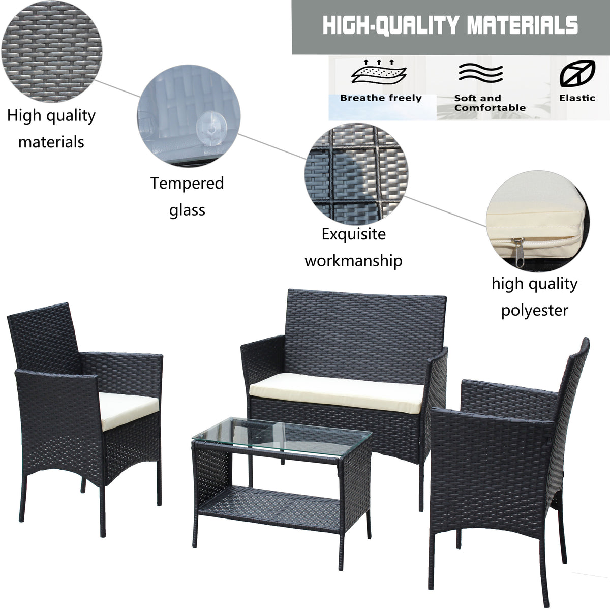 4 Pc Rattan Patio Furniture Set Outdoor Patio Cushioned Seat Wicker Sofa Beige Cushion Black Iron