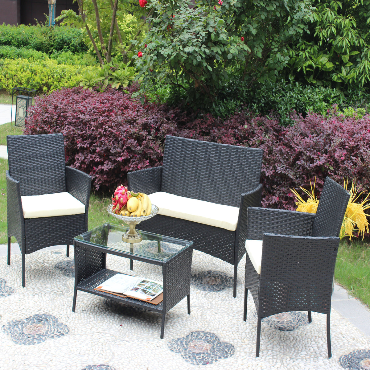 4 Pc Rattan Patio Furniture Set Outdoor Patio Cushioned Seat Wicker Sofa Beige Cushion Black Iron