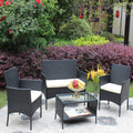 4 Pc Rattan Patio Furniture Set Outdoor Patio Cushioned Seat Wicker Sofa Beige Cushion Black Iron