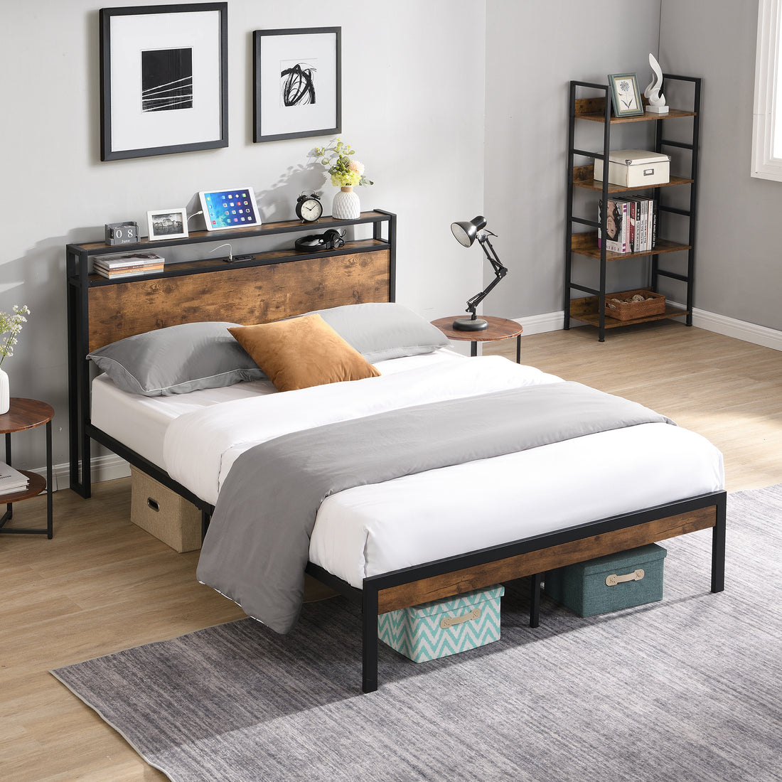 King Size Metal Platform Bed Frame With Wooden Headboard And Footboard With Usb Liner, No Box Spring Needed, Large Under Bed Storage, Easy Assemble King Black Brown Metal