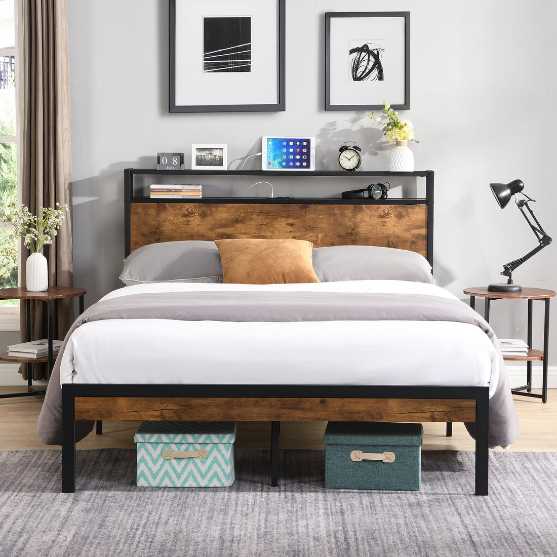 King Size Metal Platform Bed Frame With Wooden Headboard And Footboard With Usb Liner, No Box Spring Needed, Large Under Bed Storage, Easy Assemble King Black Brown Metal