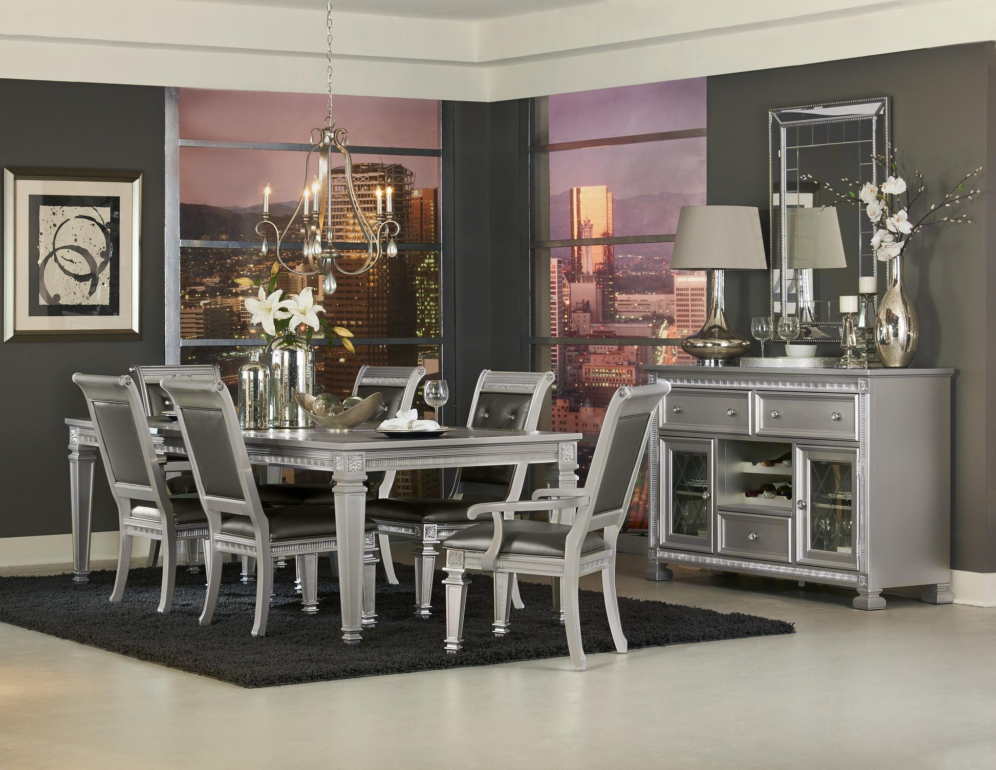 Silver Finish 7Pc Dining Set Table W Leaf 2X Armchairs 4X Side Chairs Modern Glam Style Crystal Tufted Chairs Upholstered Seat Wooden Dining Room Furniture Silver Seats 6 Dining Room Extendable Glam,Modern Rectangular Dining Table With Chair Wood