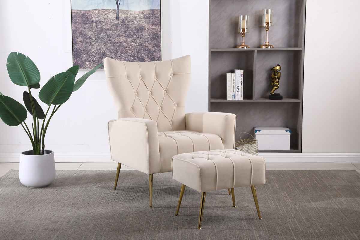 Modern Accent Chair With Ottoman, Comfy Armchair For Living Room, Bedroom, Apartment, Office Beige Beige Foam Velvet