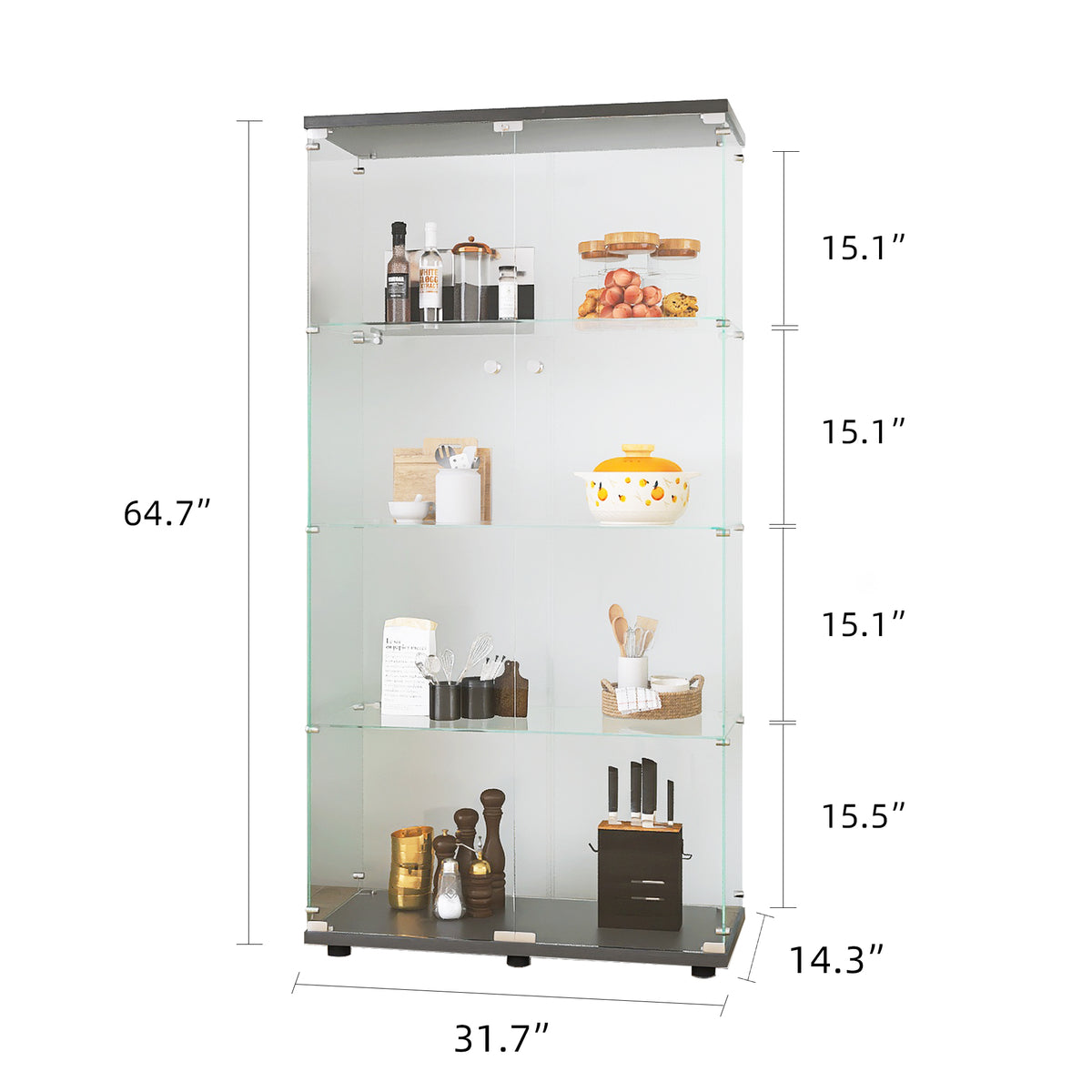 Two Door Glass Display Cabinet 4 Shelves With Door, Floor Standing Curio Bookshelf For Living Room Bedroom Office, 64.7"*31.7"*14.3",Black Black Glass