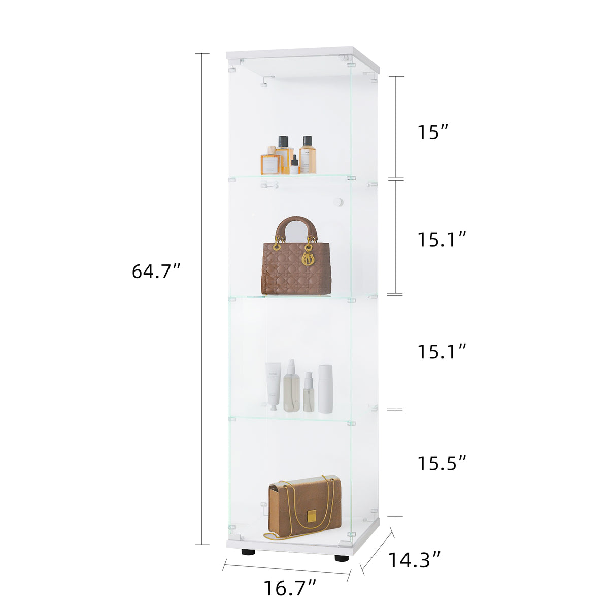 Glass Display Cabinet 4 Shelves With Door, Floor Standing Curio Bookshelf For Living Room Bedroom Office, 64.7"*16.7"*14.3" White White Glass