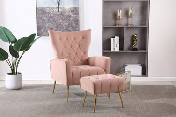 Modern Accent Chair With Ottoman, Comfy Armchair For Living Room, Bedroom, Apartment, Office Pink Pink Foam Velvet
