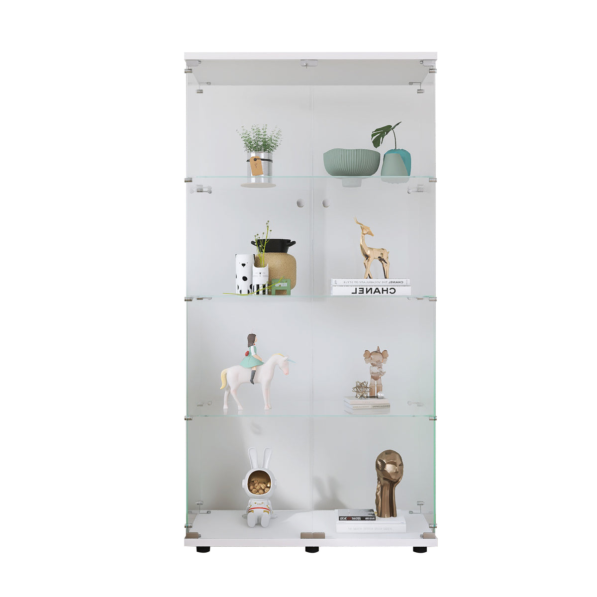 Two Door Glass Display Cabinet 4 Shelves With Door, Floor Standing Curio Bookshelf For Living Room Bedroom Office, 64.7"*31.7"*14.3", White White Glass