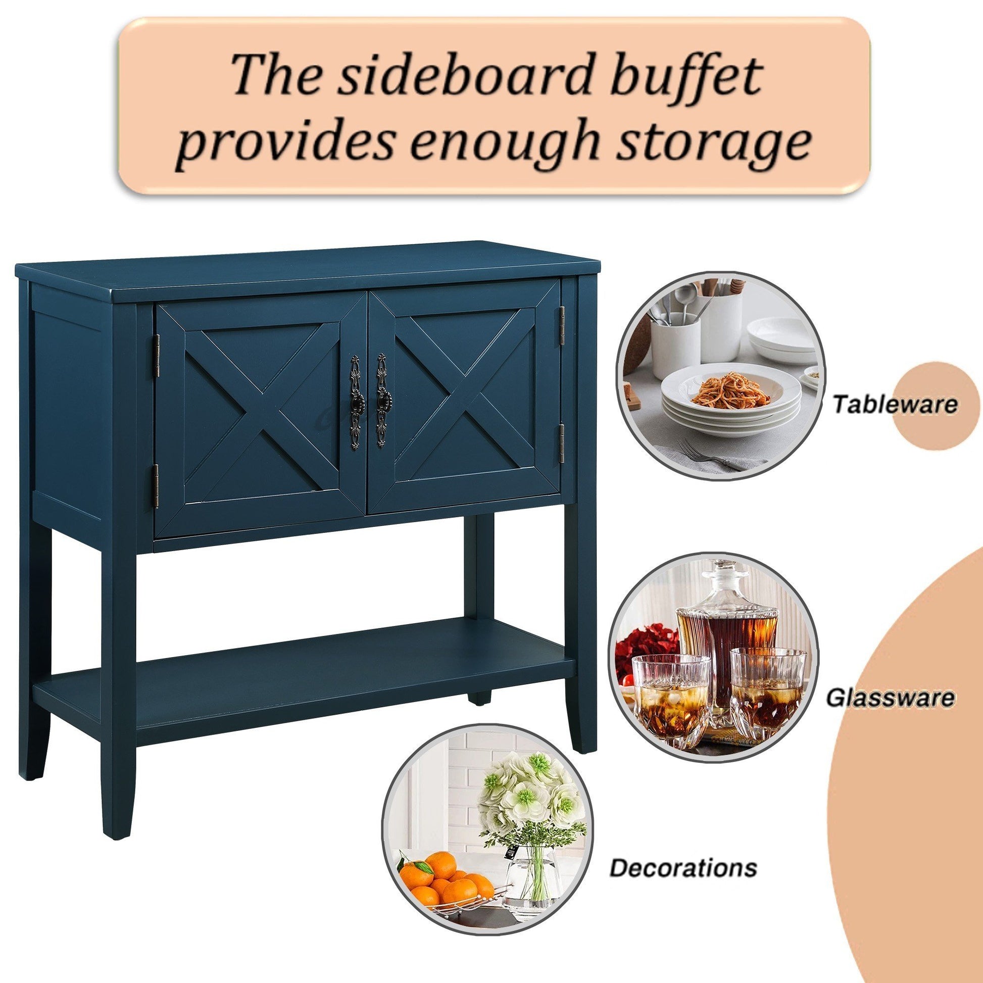 35'' Farmhouse Wood Buffet Sideboard Console Table With Bottom Shelf And 2 Door Cabinet, For Living Room, Entryway,Kitchen Dining Room Furniture Navy Blue Navy Blue Pine