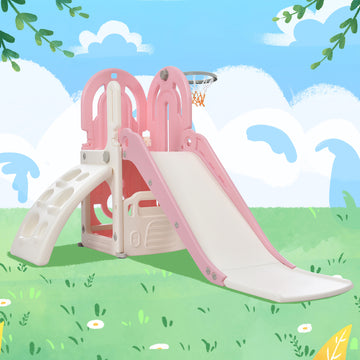 Toddler Climber And Slide Set 4 In 1, Kids Playground Climber Freestanding Slide Playset With Basketball Hoop Play Combination For Babies Indoor & Outdoor Pink Hdpe