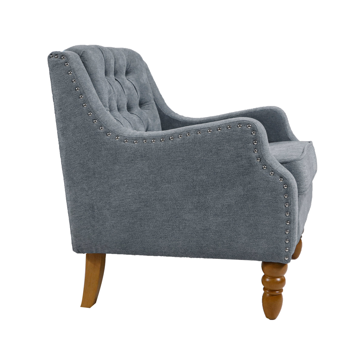 Grey Accent Chair, Living Room Chair, Footrest Chair Set With Vintage Brass Studs, Button Tufted Upholstered Armchair For Living Room, Comfy Reading Chair For Bedroom, Reception Room Grey Linen