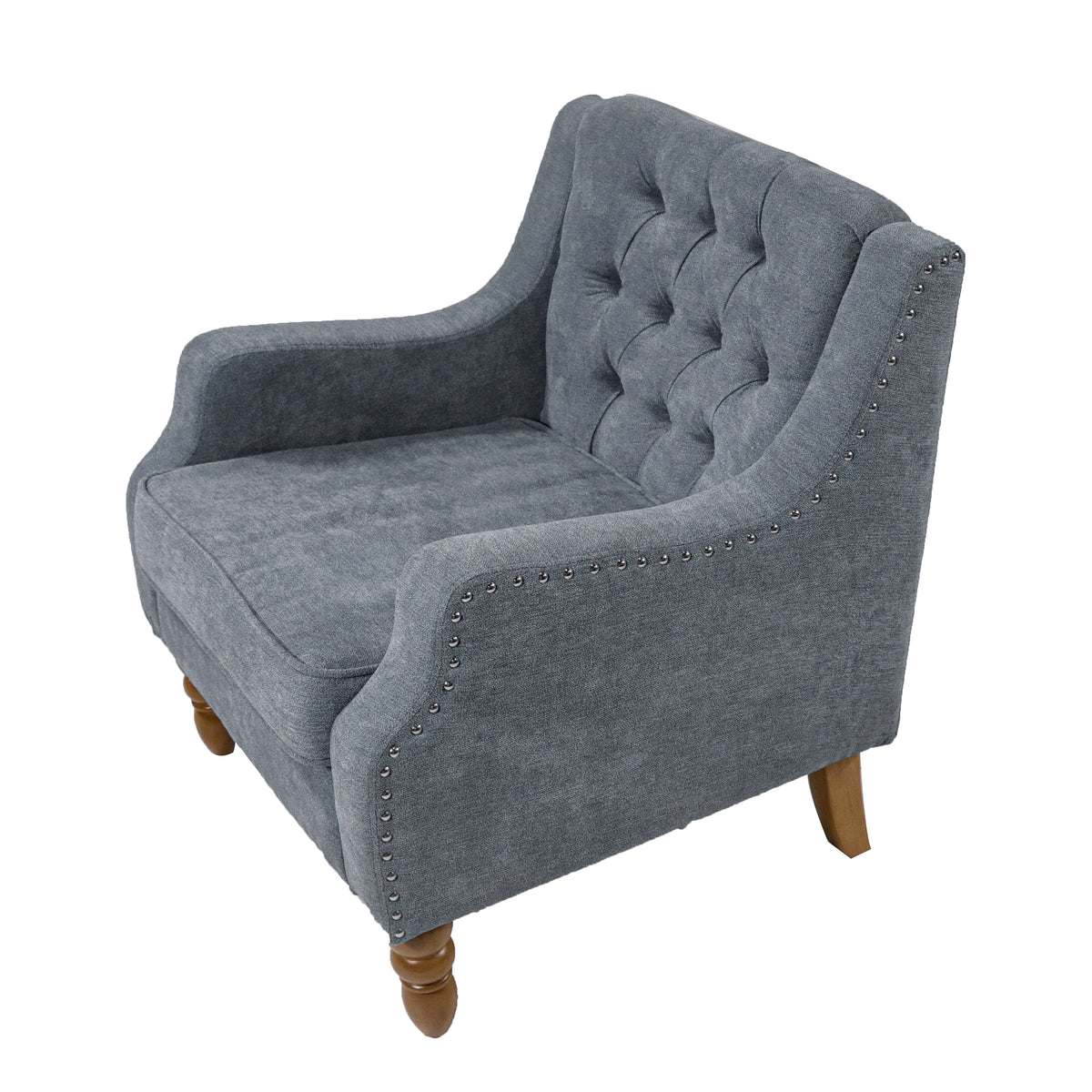 Grey Accent Chair, Living Room Chair, Footrest Chair Set With Vintage Brass Studs, Button Tufted Upholstered Armchair For Living Room, Comfy Reading Chair For Bedroom, Reception Room Grey Linen