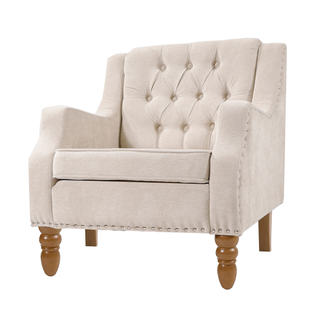 Beige Accent Chair, Living Room Chair, Footrest Chair Set With Vintage Brass Studs, Button Tufted Upholstered Armchair For Living Room, Comfy Reading Chair For Bedroom, Reception Room Beige Linen