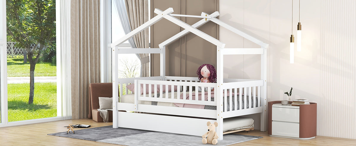 Twin Size Wooden House Bed With Twin Size Trundle, White Twin White Solid Wood Mdf