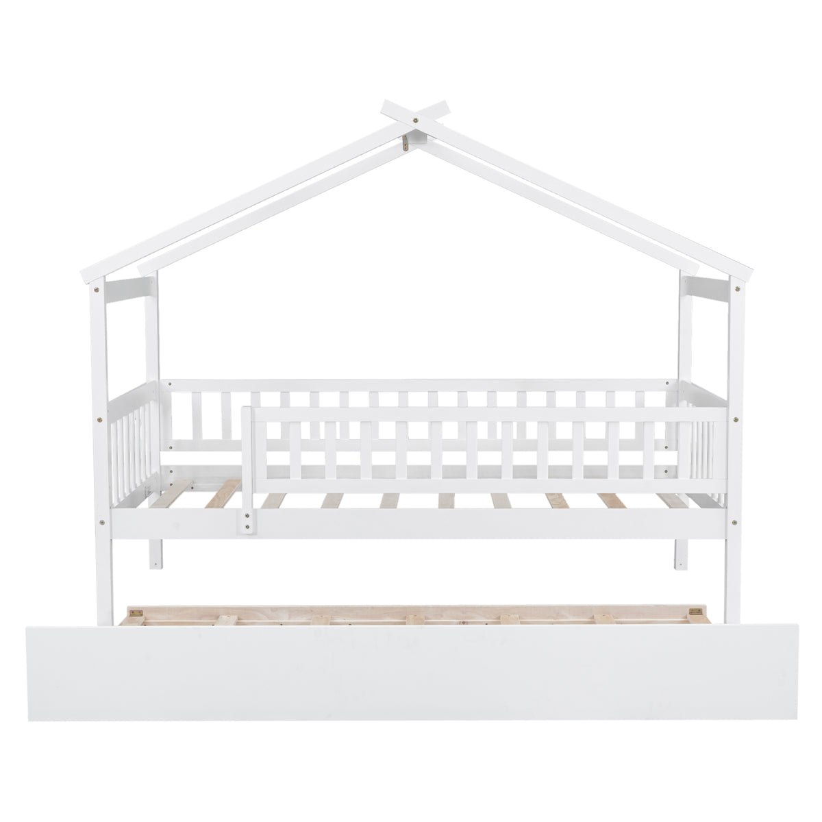 Twin Size Wooden House Bed With Twin Size Trundle, White Twin White Solid Wood Mdf