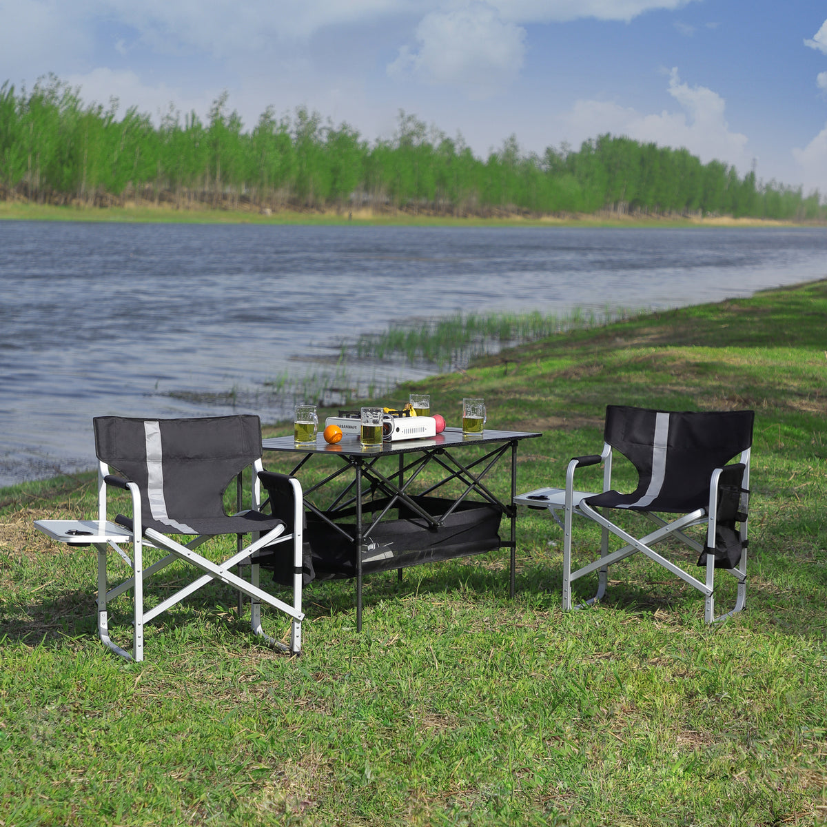 Set Of 3, Folding Outdoor Table And Chairs Set For Indoor, Outdoor Camping, Picnics, Beach,Backyard, Bbq, Party, Patio, Black Gray Black Aluminum