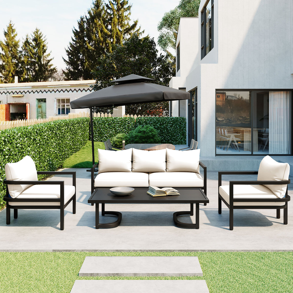 Multi Person Outdoor Steel Sofa Set, Waterproof, Anti Rust And Anti Uv, Suitable For Gardens And Lawns Beige Steel