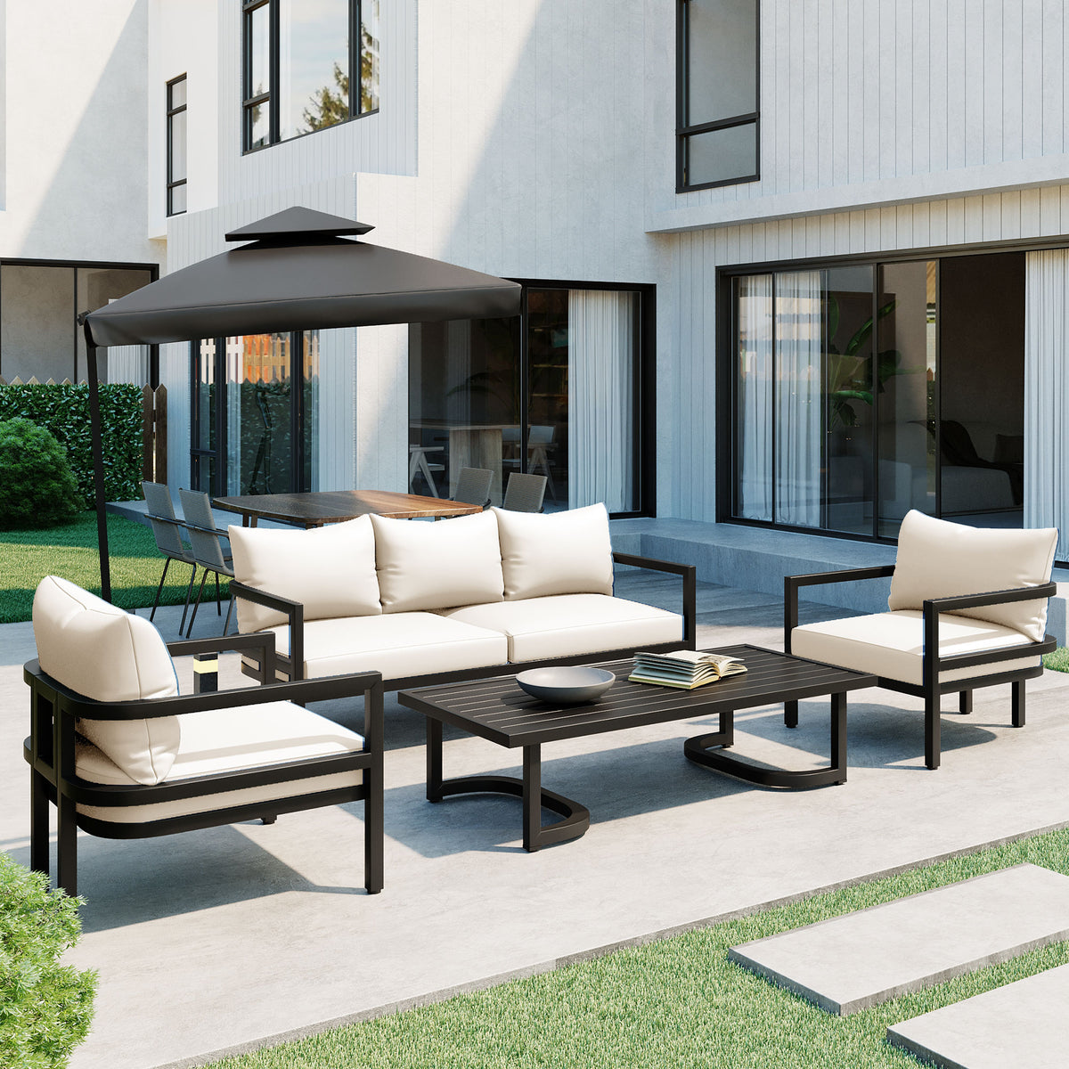 Multi Person Outdoor Steel Sofa Set, Waterproof, Anti Rust And Anti Uv, Suitable For Gardens And Lawns Beige Steel