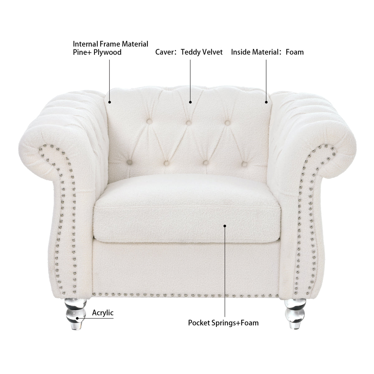 1 Seater Sofa For Living Room White Polyester