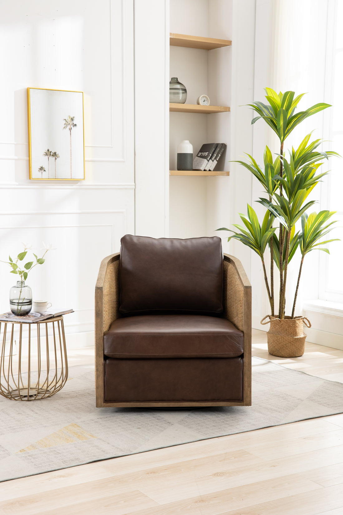 Coolmore Swivel Barrel Chair, Comfy Round Accent Sofa Chair For Living Room, 360 Degree Swivel Barrel Club Chair, Leisure Arm Chair For Nursery, Hotel, Bedroom, Office, Lounge Brown Boucle Brown Foam Leather