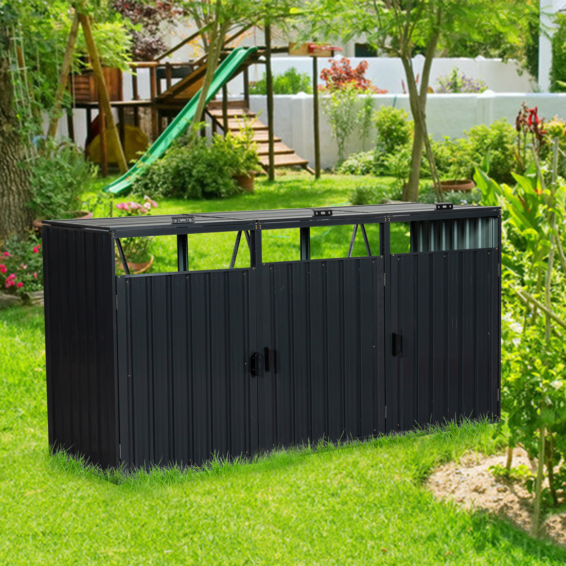 Garbage Bin Shed Stores 3 Trash Cans Metal Outdoor Bin Shed For Garbage Storage,Stainless Galvanized Steel, Bin Shed For Garden Yard Lawn W540S00009 Charcoal Iron