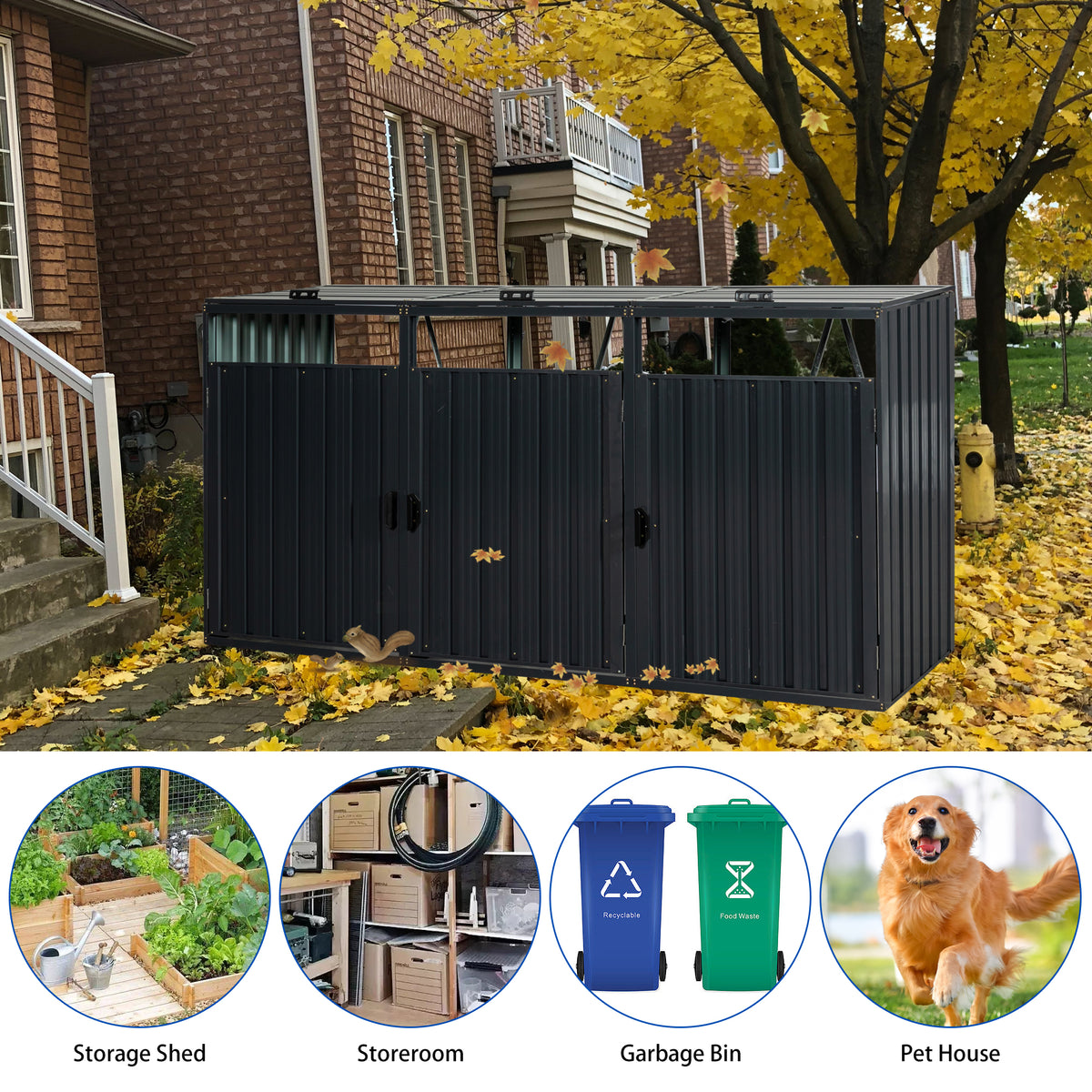 Garbage Bin Shed Stores 3 Trash Cans Metal Outdoor Bin Shed For Garbage Storage,Stainless Galvanized Steel, Bin Shed For Garden Yard Lawn W540S00009 Charcoal Iron