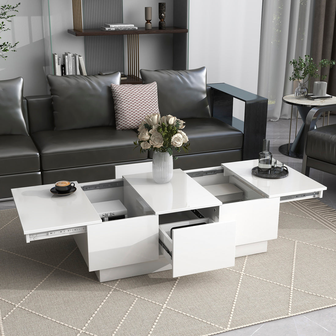 Coffee Table With 2 Large Hidden Storage Compartment, Extendable Cocktail Table With 2 Drawers, High Gloss Center Table With Sliding Top For Living Room, 39.3"X21.6", White White Soft Close Drawers Primary Living Space Modern Freestanding Rectangular