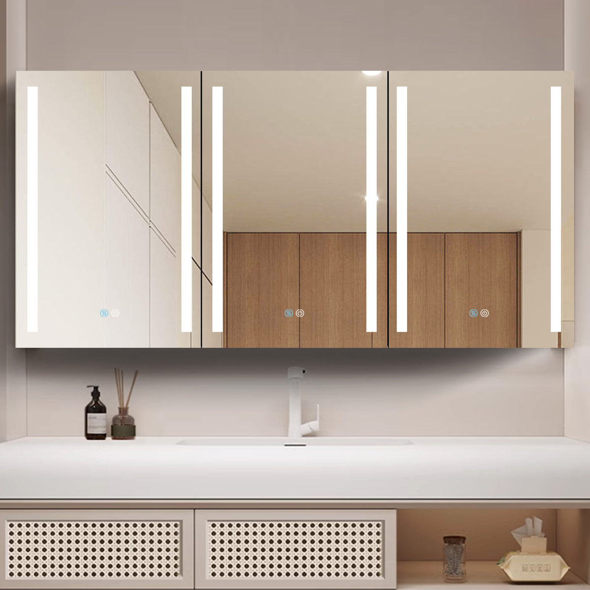 60X30 Inch Led Bathroom Medicine Cabinet Surface Mount Double Door Lighted Medicine Cabinet, Medicine Cabinets For Bathroom With Mirror Defogging, Dimmer White White Modern Aluminium