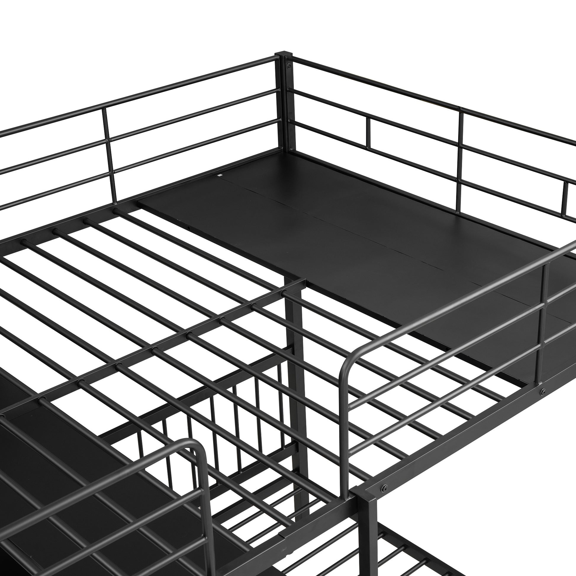 Full Over Twin Metal Bunk Bed With Built In Desk, Shelves And Ladder, Black Full Black Metal & Wood