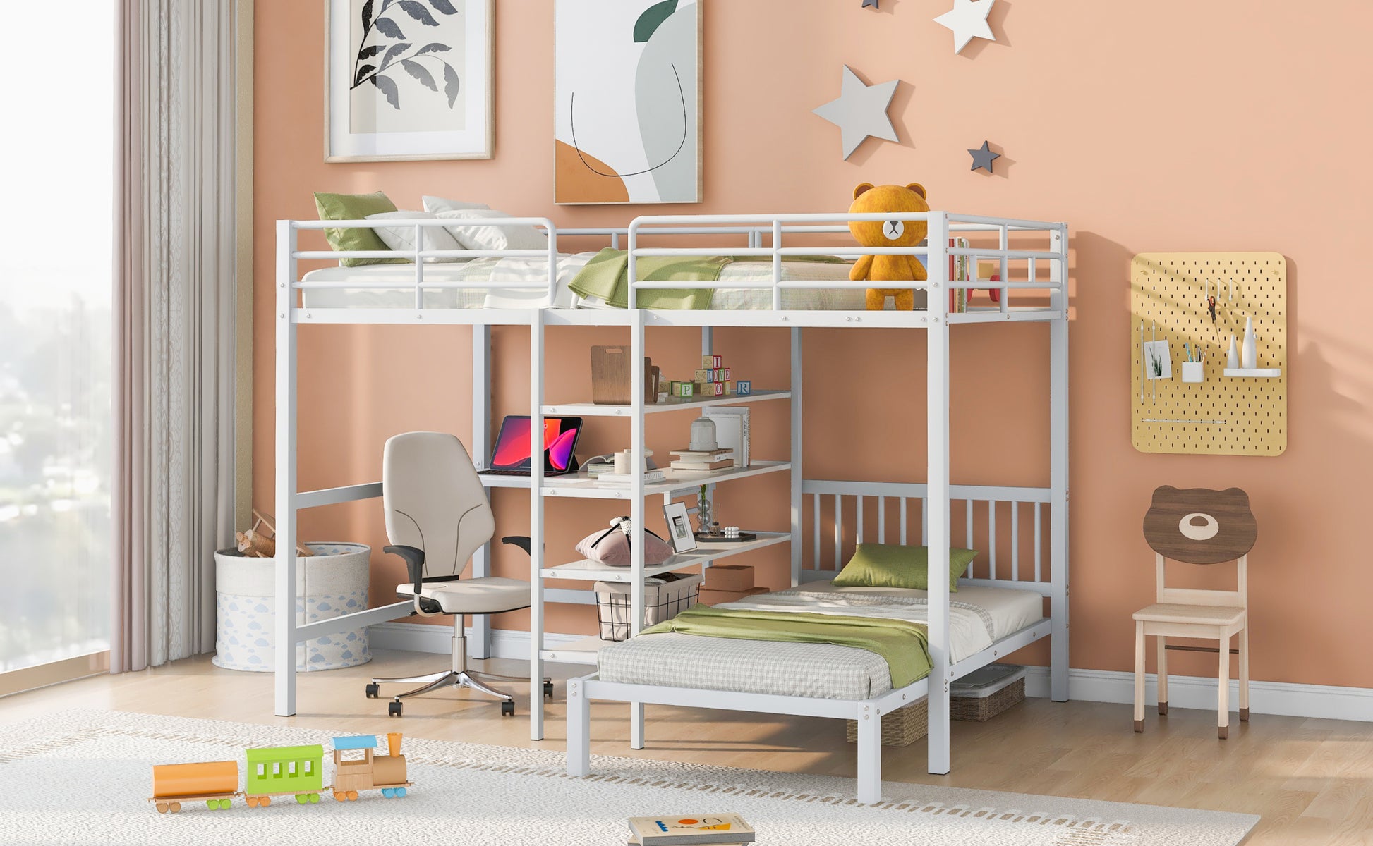 Full Over Twin Metal Bunk Bed With Built In Desk, Shelves And Ladder, White Full White Metal & Wood