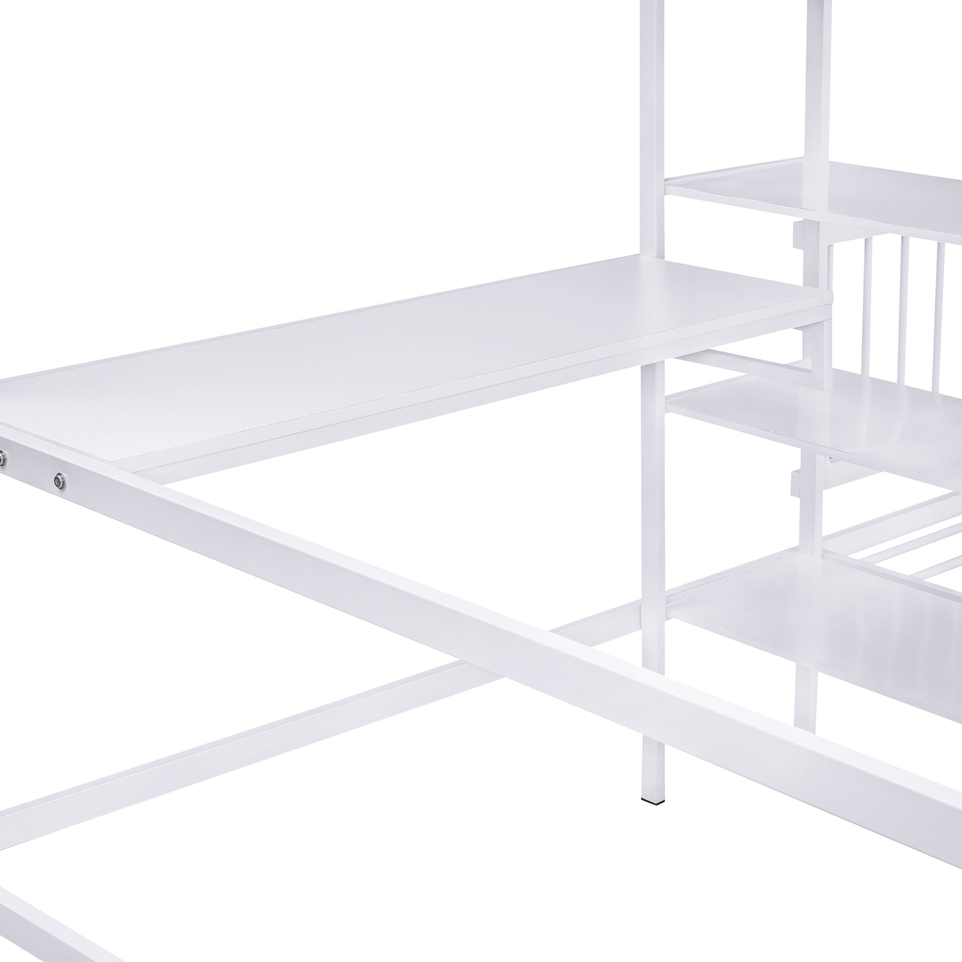 Full Over Twin Metal Bunk Bed With Built In Desk, Shelves And Ladder, White Full White Metal & Wood