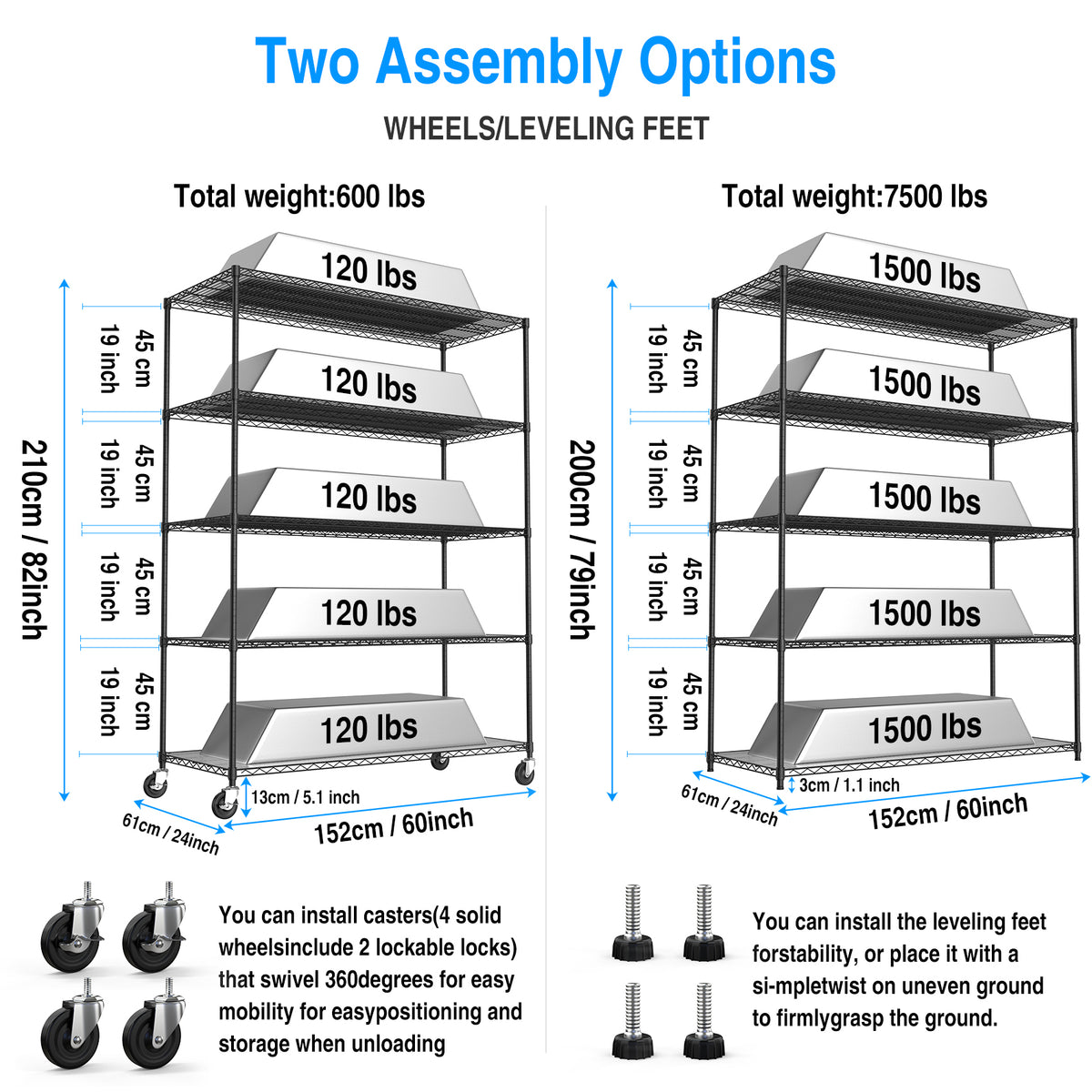 5 Tier 7500Lbs Heavy Duty Adjustable Storage Rack Metal Shelf Wire Shelving Unit With Wheels & Shelf Liners 82" H X 60" L X 24" D Black Chrome Iron Plastic
