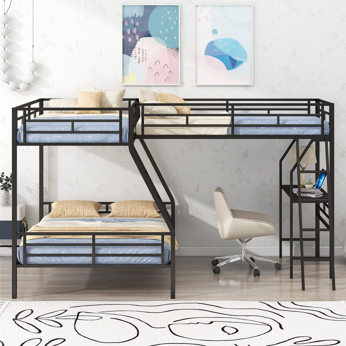 Twin Over Full Bunk Bed With A Twin Size Loft Bed Attached, With A Desk, Metal, Black Black Metal