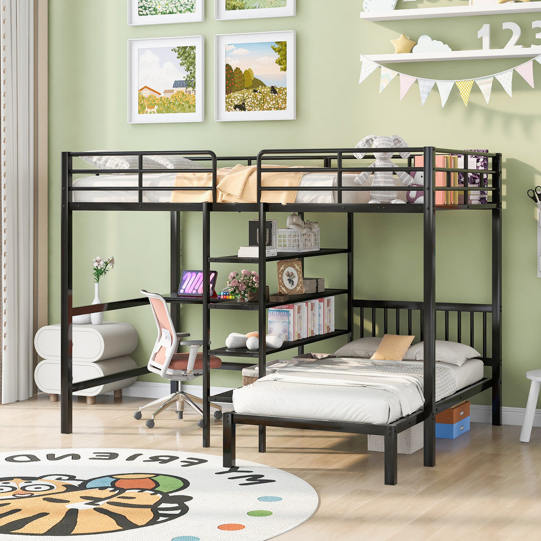 Full Over Twin Metal Bunk Bed With Built In Desk, Shelves And Ladder, Black Full Black Metal & Wood